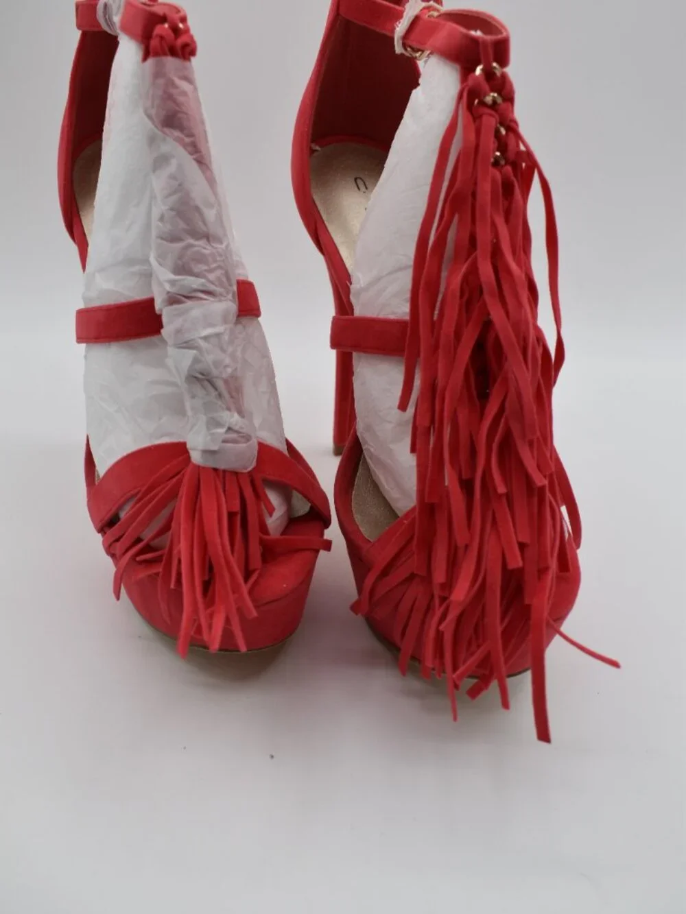 New in Box 7.5 Pink/Coral Fringe Platform Stiletto Heels by C. Label Open Toe